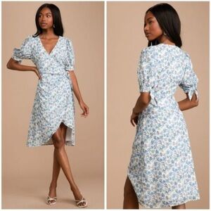 Lulus Exquisite Style White Floral Print Puff Sleeve Faux-Wrap Dress Small